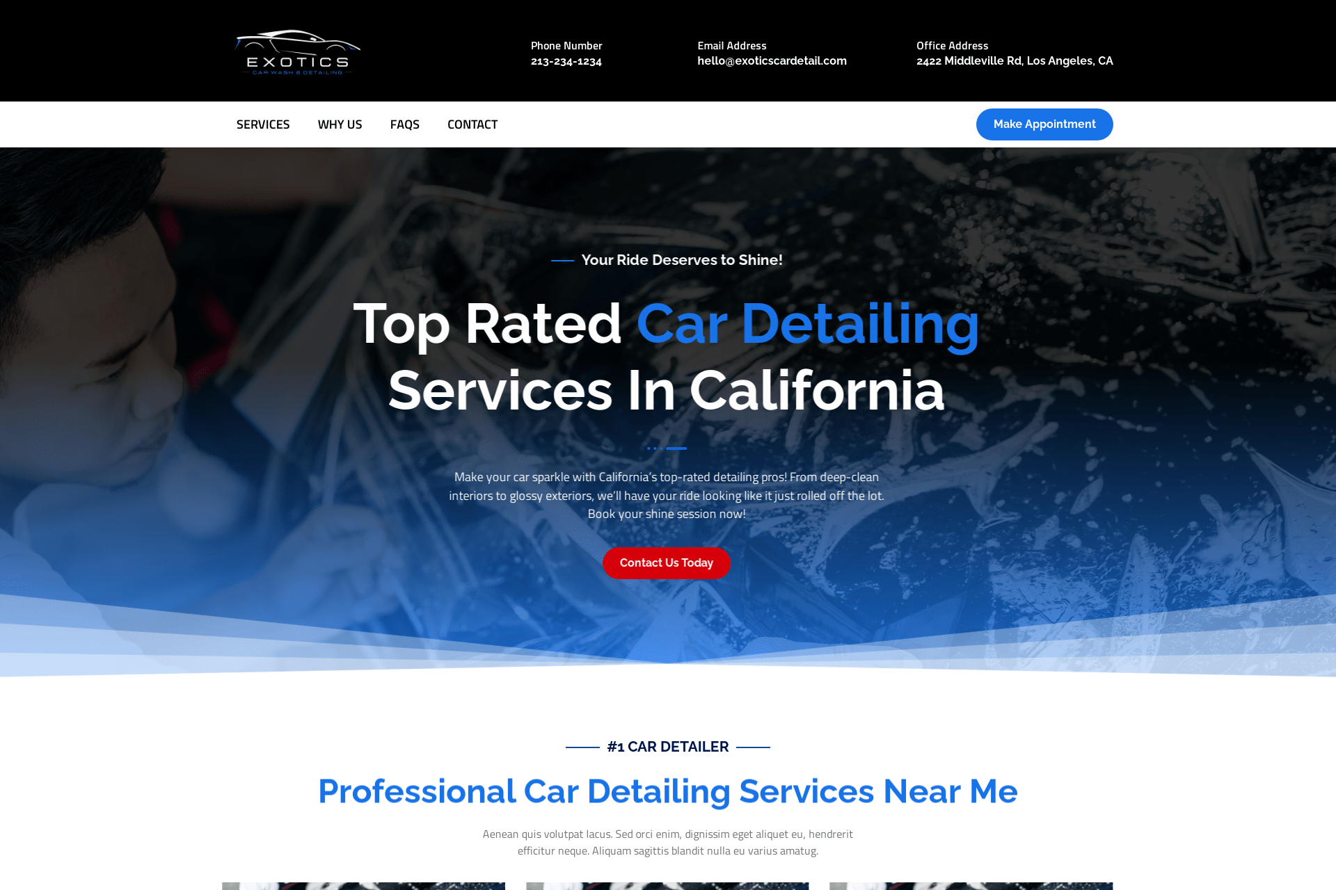Auto detailing shop website hero section